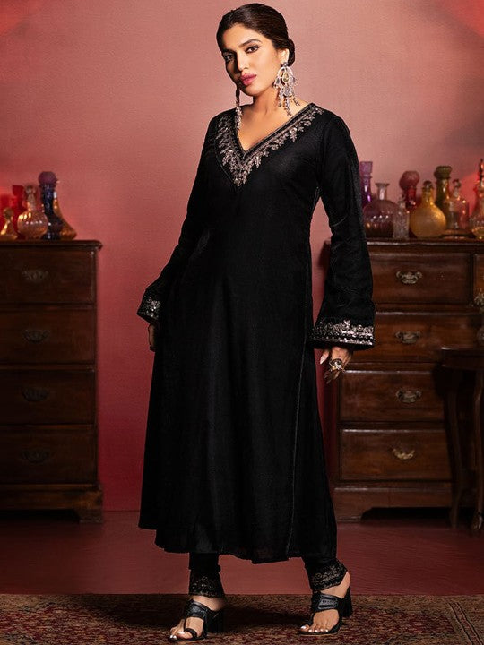 Embroidered Yoke Design Thread Work Straight Velvet Kurta With Trousers & Dupatta