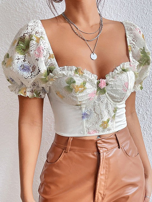 Corset Style Puff Sleeve Floral Top