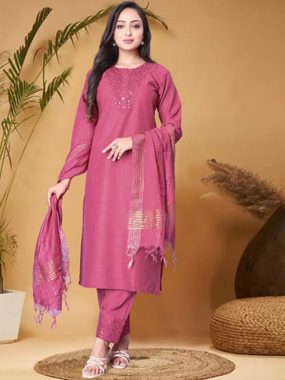 Pink Ethnic Motifs Yoke Design Sequined Straight Kurta with Trouser & Dupatta