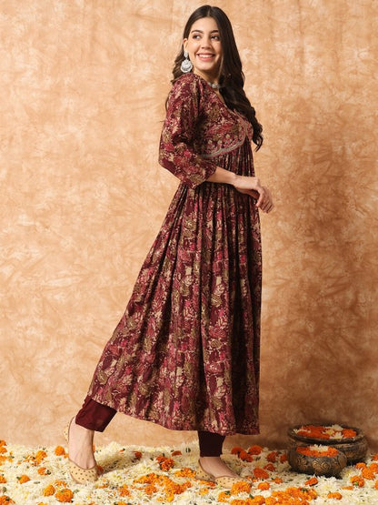 Floral Printed Empire Thread Work Anarkali Kurta & Trousers With Dupatta