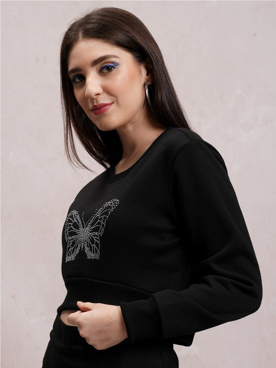 Black Printed Round Neck Crop Pullover Sweatshirt