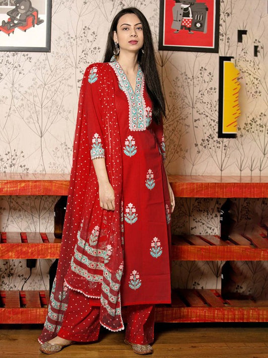 Floral Printed V-Neck Straight Kurta With Palazzos And Dupatta