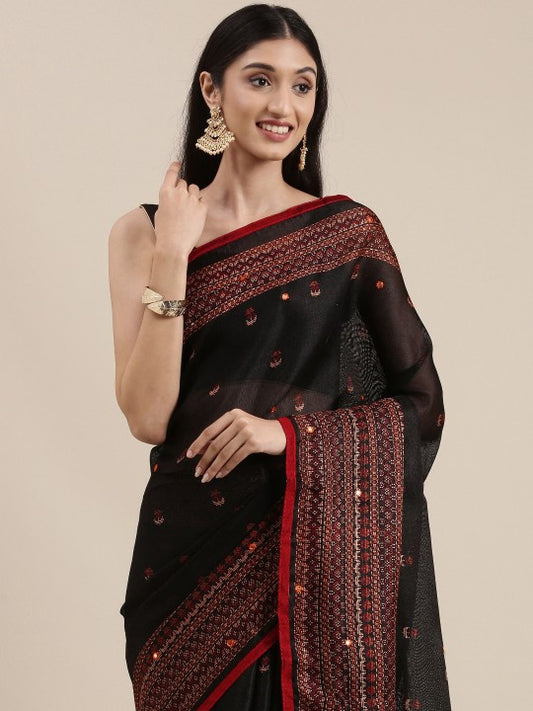 Black Ethnic Design Mirror Work Jute Silk Saree