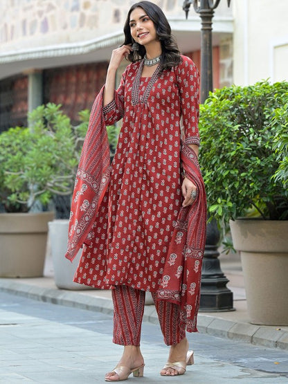 Floral Printed Thread Work A-Line Kurta With Trousers & Dupatta