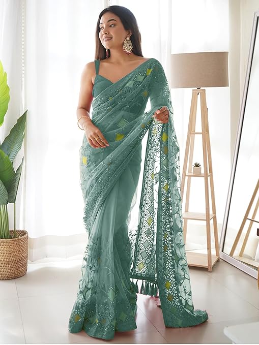 Women's Net Woven Design Saree With Unstitched Blouse Piece