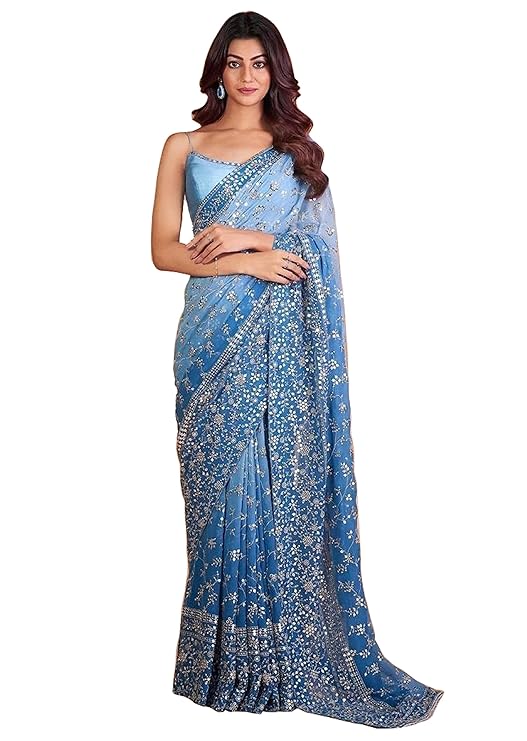 Women's Georgette Sequence with Embroidery work Saree with Unstitched Blouse Piece