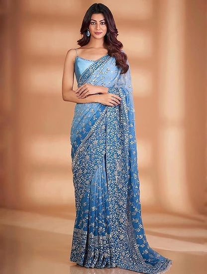 Women's Georgette Sequence with Embroidery work Saree with Unstitched Blouse Piece