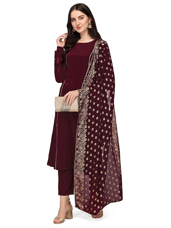 Women's Maroon Poly Crepe A-Line Kurta Set With Dupatta