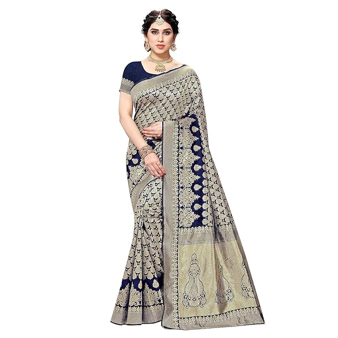 Women's Trendy Banarasi Kanjivaram Navy Color Art Silk Saree with Blouse Material