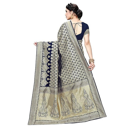 Women's Trendy Banarasi Kanjivaram Navy Color Art Silk Saree with Blouse Material