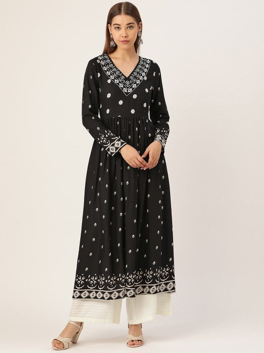 Women Black & Off-White Printed Kurta with Palazzos