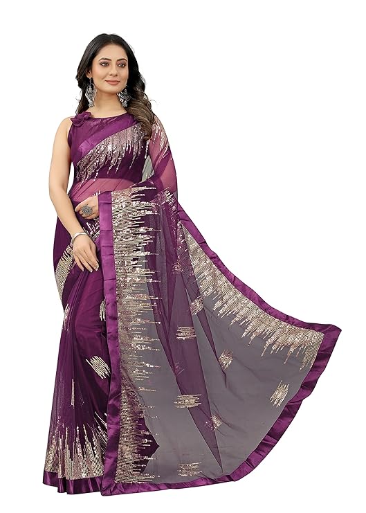 BARKIYA CREATION Women's Net Saree With Unstiched Blouse Piece