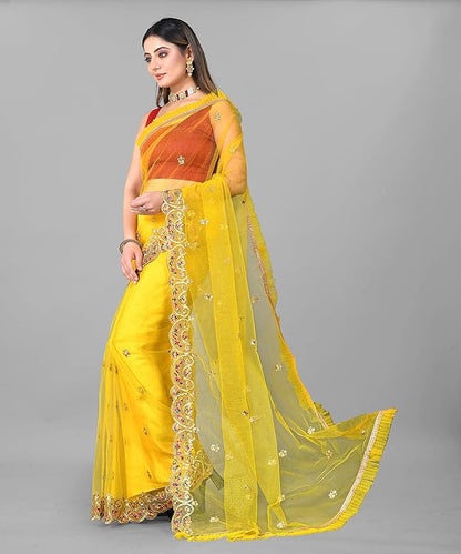 Women's Fashion Net Fabric Saree With Unstitch Blouse Piece