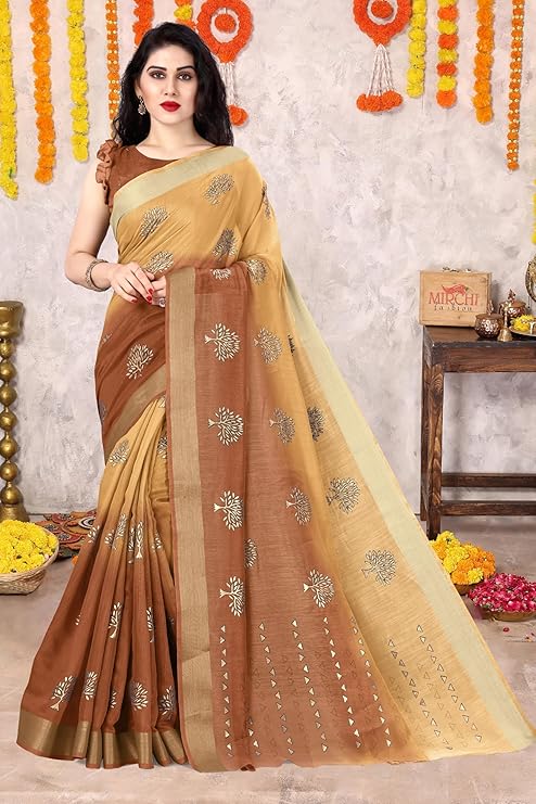 MIRCHI FASHION Women's Cotton Blend Mix 2-Tone Foil Printed Saree with Blouse Piece