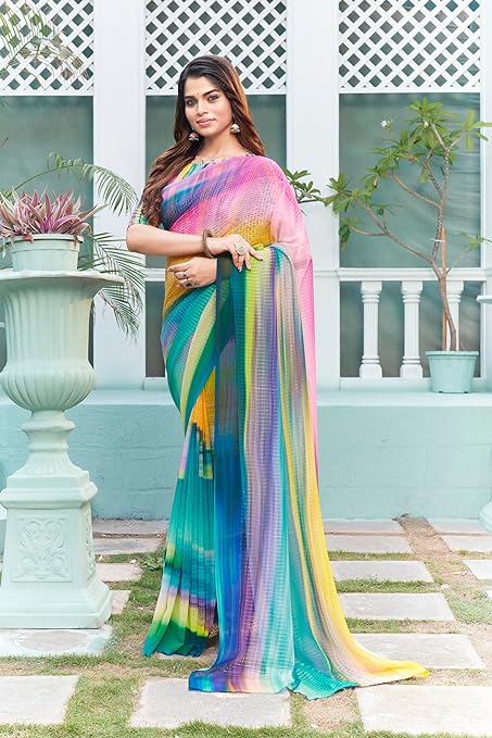 Glory Sarees Women’s Georgette Sequence Digital Print Saree With Blouse Piece