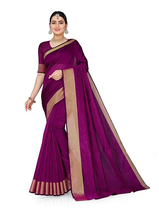 Indian Fashionista Women's Dailywear Plain Cotton Silk Saree With Blouse