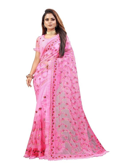 Women's Net Embroidered Saree Zakhi-New