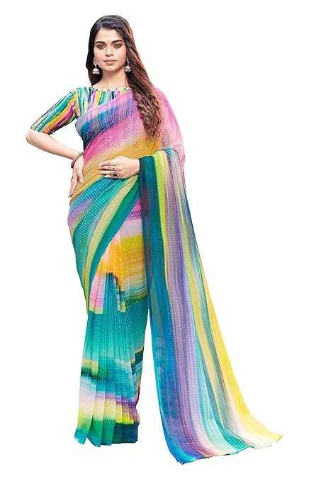 Glory Sarees Women’s Georgette Sequence Digital Print Saree With Blouse Piece