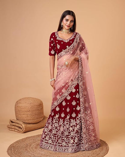 Women's Velvet Embroidery Work Lehenga Choli With Dupatta