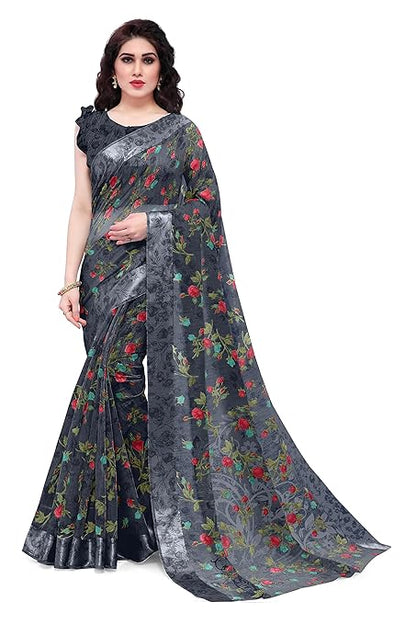 Women's Fancy Cotton Blend Tropical Floral Printed Saree with Blouse Piece