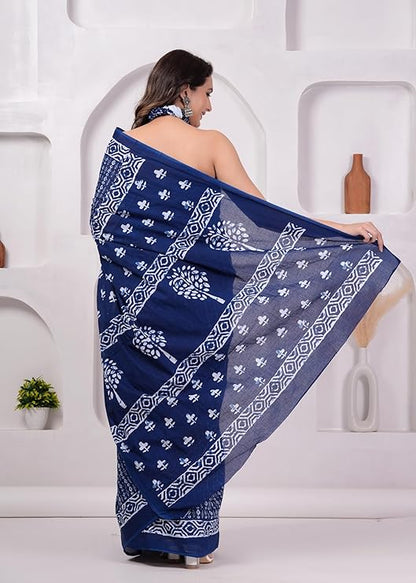 Rovim Women's Hand Block Indigo Ajrakh Printed Pure Cotton Mulmul Saree With Matching Blouse