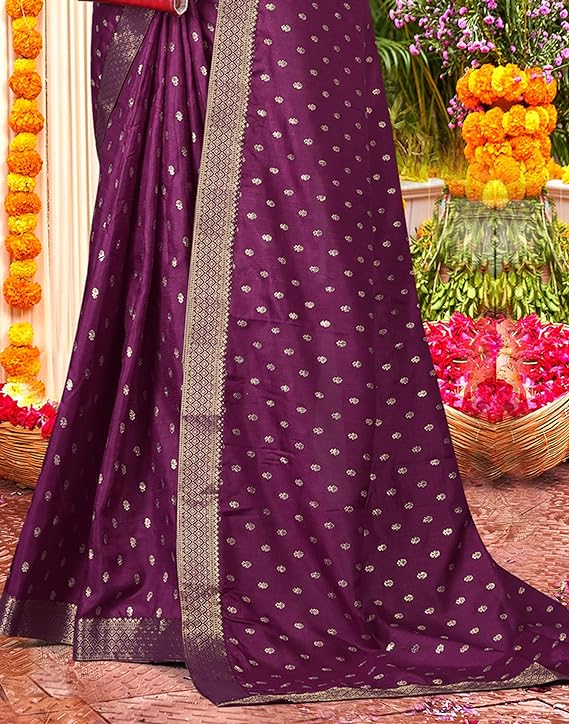 SIRIL Women's Foil Printed Lace Boarder Vichitra Silk Saree with Unstitched Blouse Piece