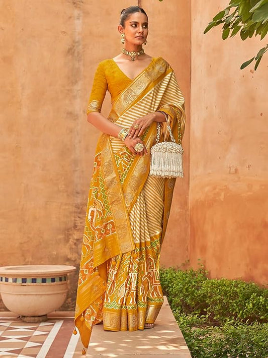 SAREE MALL Women's Leheriya Printed Tassels and Latkans Patola Silk Saree With Unstiched Blouse Piece