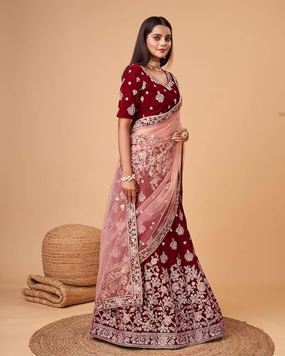 Women's Velvet Embroidery Work Lehenga Choli With Dupatta