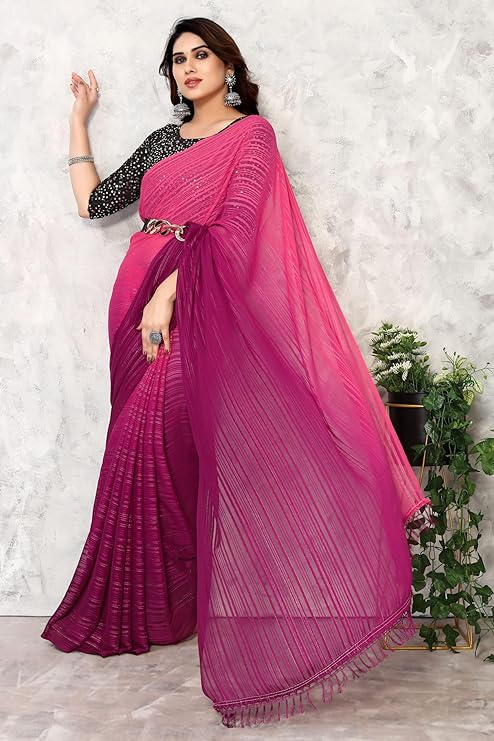 Yashika Womens Women's Georegtte With Jari Printed Pink Color Saree With Blouse Piece