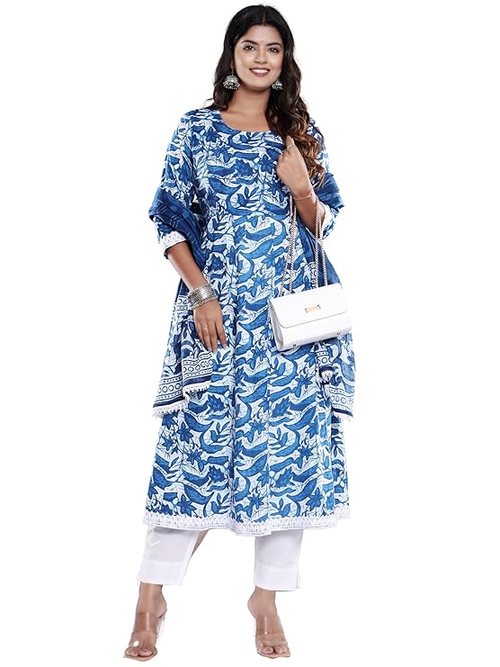 Women's Cotton Printed Anarkali Kurta with Palazzo & Dupatta Set