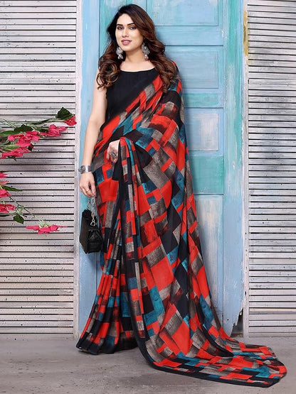 Women's Georgette Printed Saree with Unstitched Blouse Piece Pack of 3