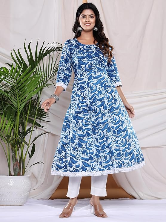 Women's Cotton Printed Anarkali Kurta with Palazzo & Dupatta Set