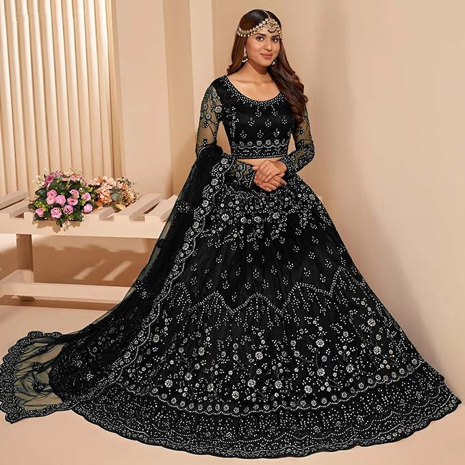 ZAALIMA FASHION WITH Z LOGO Women's Embroidered Semi-Stitched Net Lehenga Choli