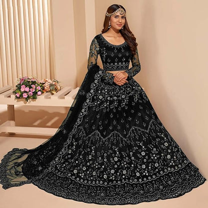 ZAALIMA FASHION WITH Z LOGO Women's Embroidered Semi-Stitched Net Lehenga Choli