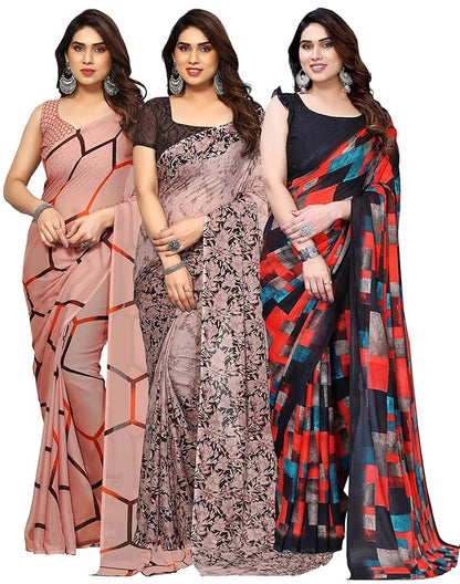 Women's Georgette Printed Saree with Unstitched Blouse Piece Pack of 3