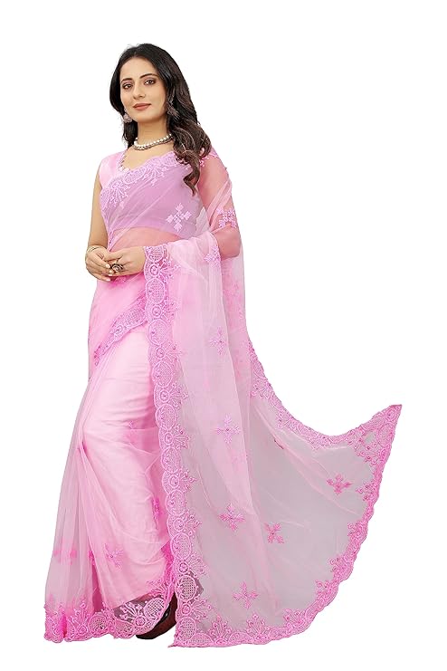 BARKIYA CREATION Women's Fashion Net Fabric Saree With Unstitch Blouse Piece