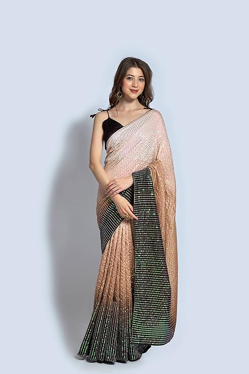 Thisma Women's Vichitra Silk Pedding Design Sequence Embroidery Work Saree With Banglori Satin Silk Unstitched Blouse Piece