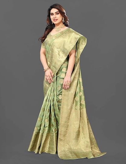 C J Enterprise Women's Banarasi Organza Silk Saree Pure Kanjivaram Silk Saree With Blouse Piece