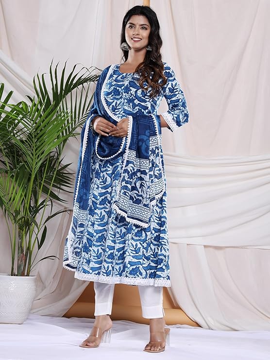 Women's Cotton Printed Anarkali Kurta with Palazzo & Dupatta Set