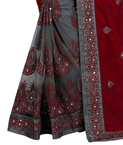 Women's Vichitra Silk Half & Half Embroidered Saree Diwa Half Maroon