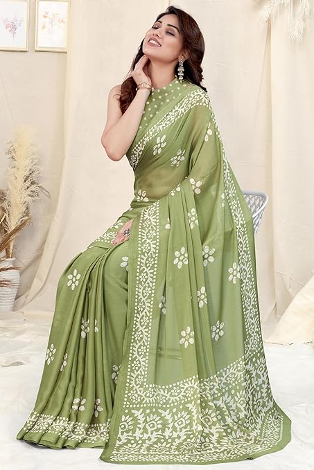 Women's Latest Chiffon Batik Printed Saree with Blouse Piece