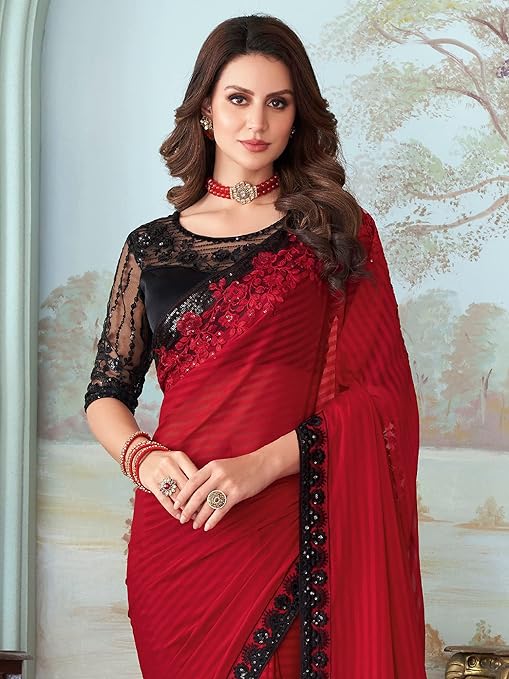 Women's And Girls Embroidery Lace & Sequence Embroidery Chiffon Saree With Unstitched Blouse Piece