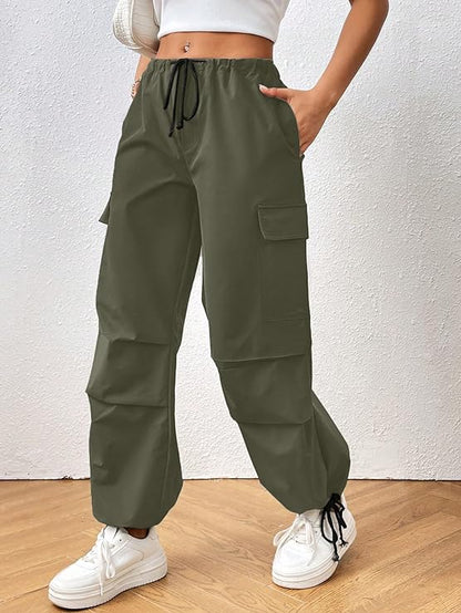 Women's & Girls' Solid Drawstring Waist Flap Pocket Side Parachute Cargo Pants