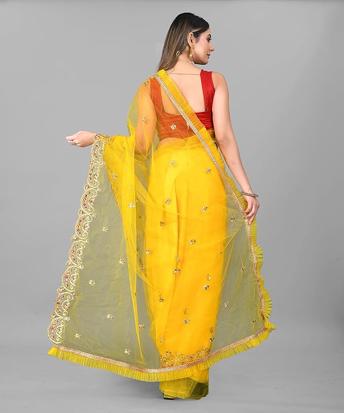 Women's Fashion Net Fabric Saree With Unstitch Blouse Piece