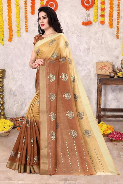 MIRCHI FASHION Women's Cotton Blend Mix 2-Tone Foil Printed Saree with Blouse Piece