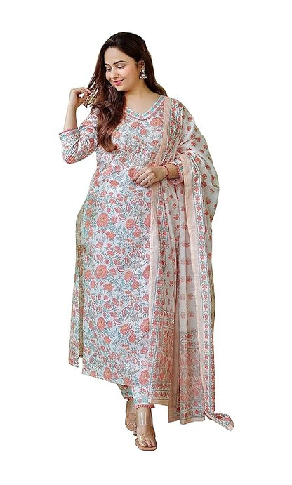 Women Viscose Floral Printed Kurti Pant and Dupatta Set