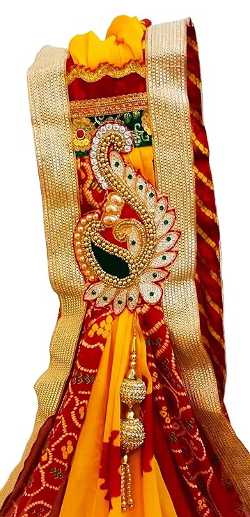 Avilhara Piliya Pomcha and Rajasthani Marwadi Churni Odhana in Bandhej Bandhani Print for Pooja, Festival and Religious Purposes