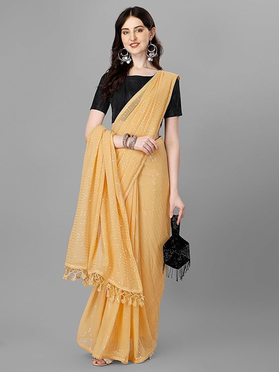 Shiv Textiles Women's Georgette Sequins Ready To Wear One Minute Saree for women With Unstitched Blouse.