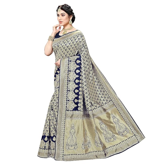 Women's Trendy Banarasi Kanjivaram Navy Color Art Silk Saree with Blouse Material