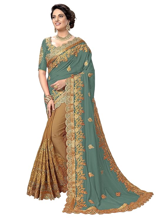 Women's Silk Heavy Embroidery Work half half sarees for women